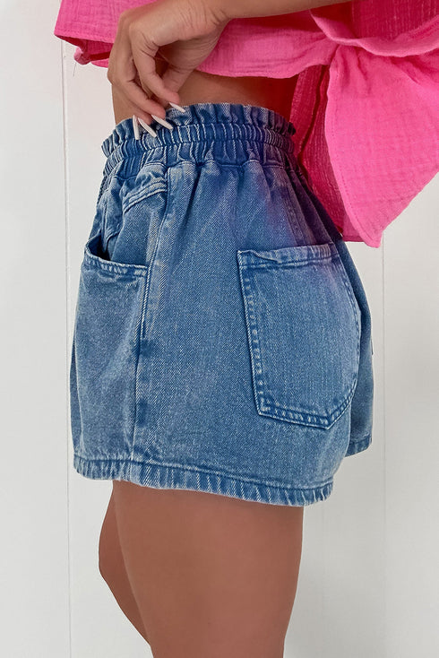 Relaxed Fit High Waisted Drawstring Utility Denim Shorts